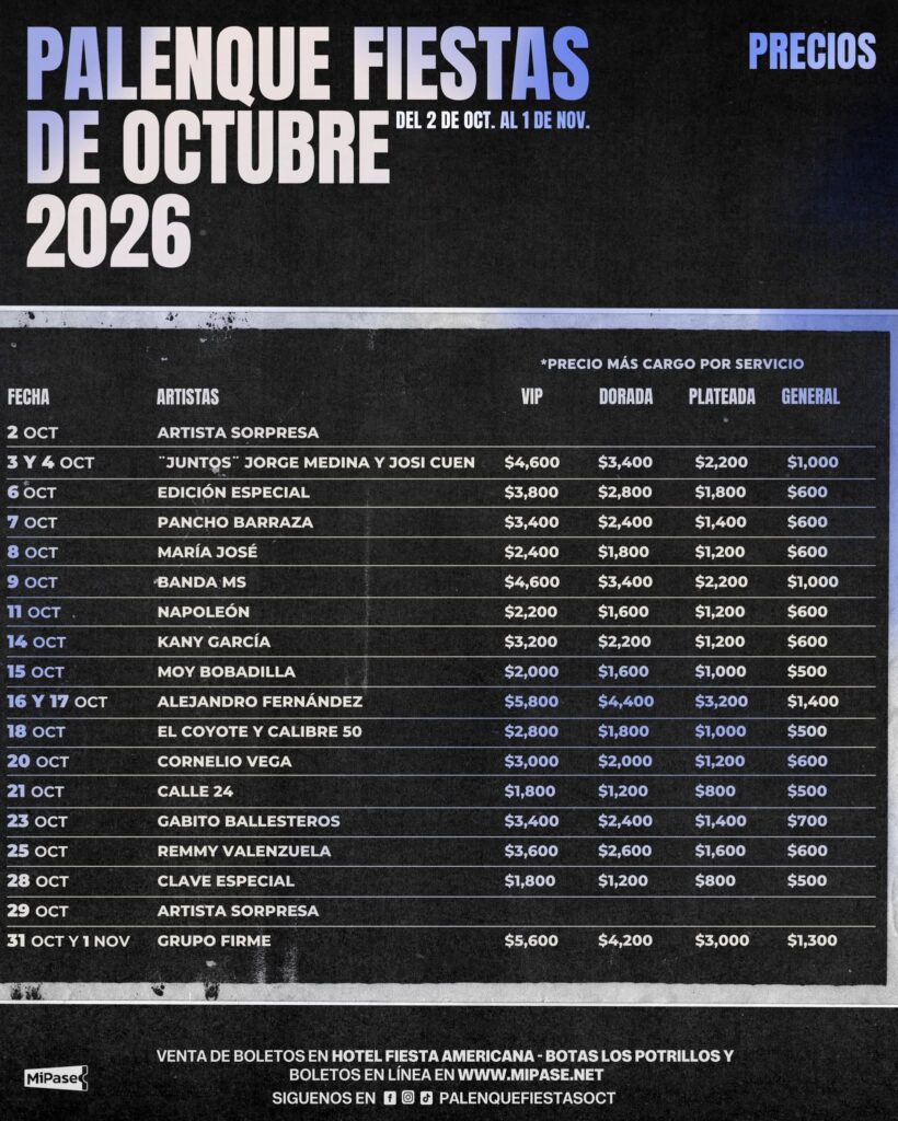 precios boletos palenque fiestas de octubre 2026